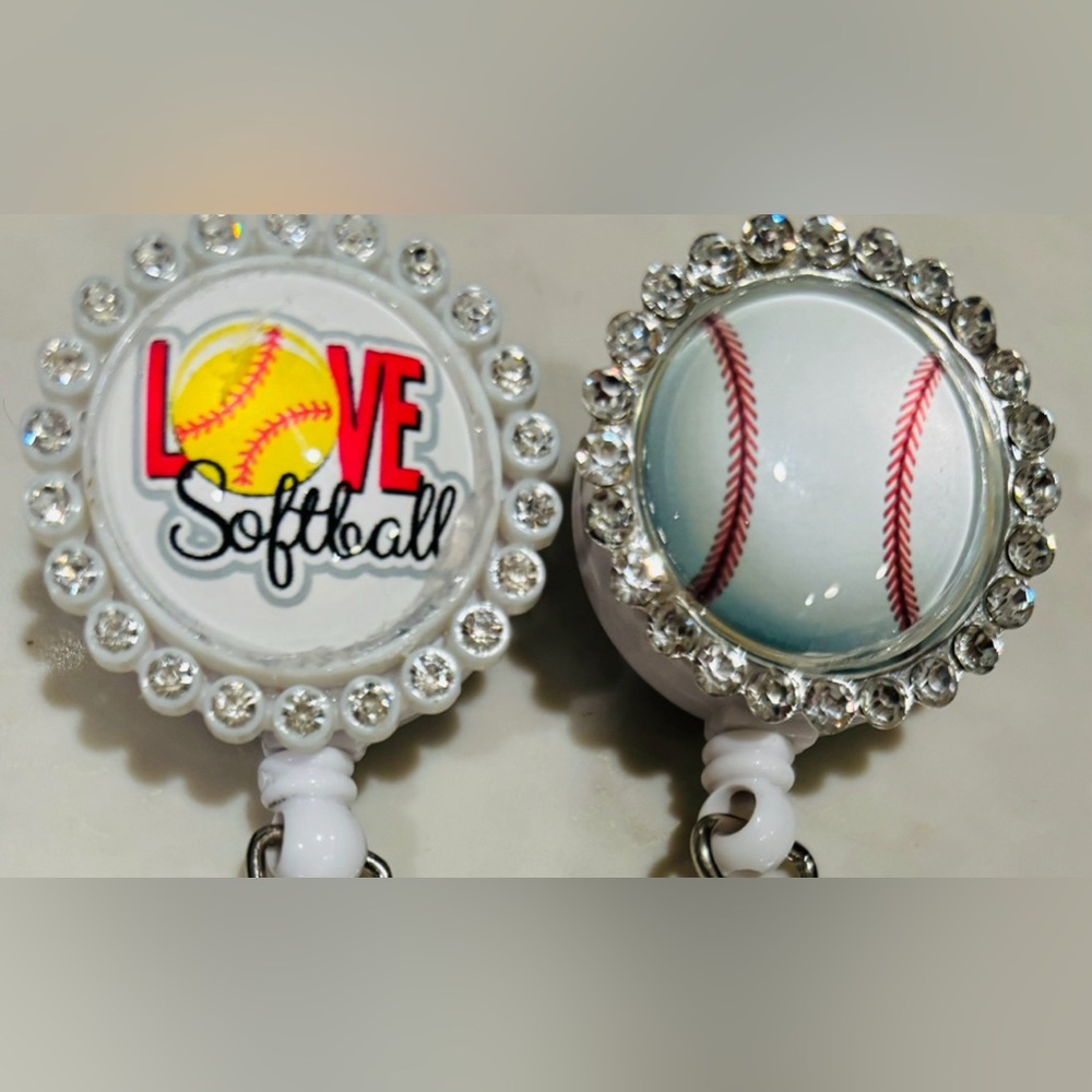 2 Crystal LOVE Softball ID Holder Badge Reel Clips RN nurse swivel Alligator